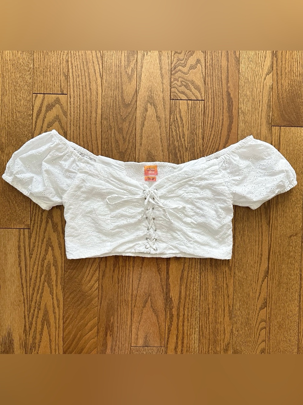 Pull & Bear Sadie Sink collab White Eyelet Lace-Up Cotton Crop Top L